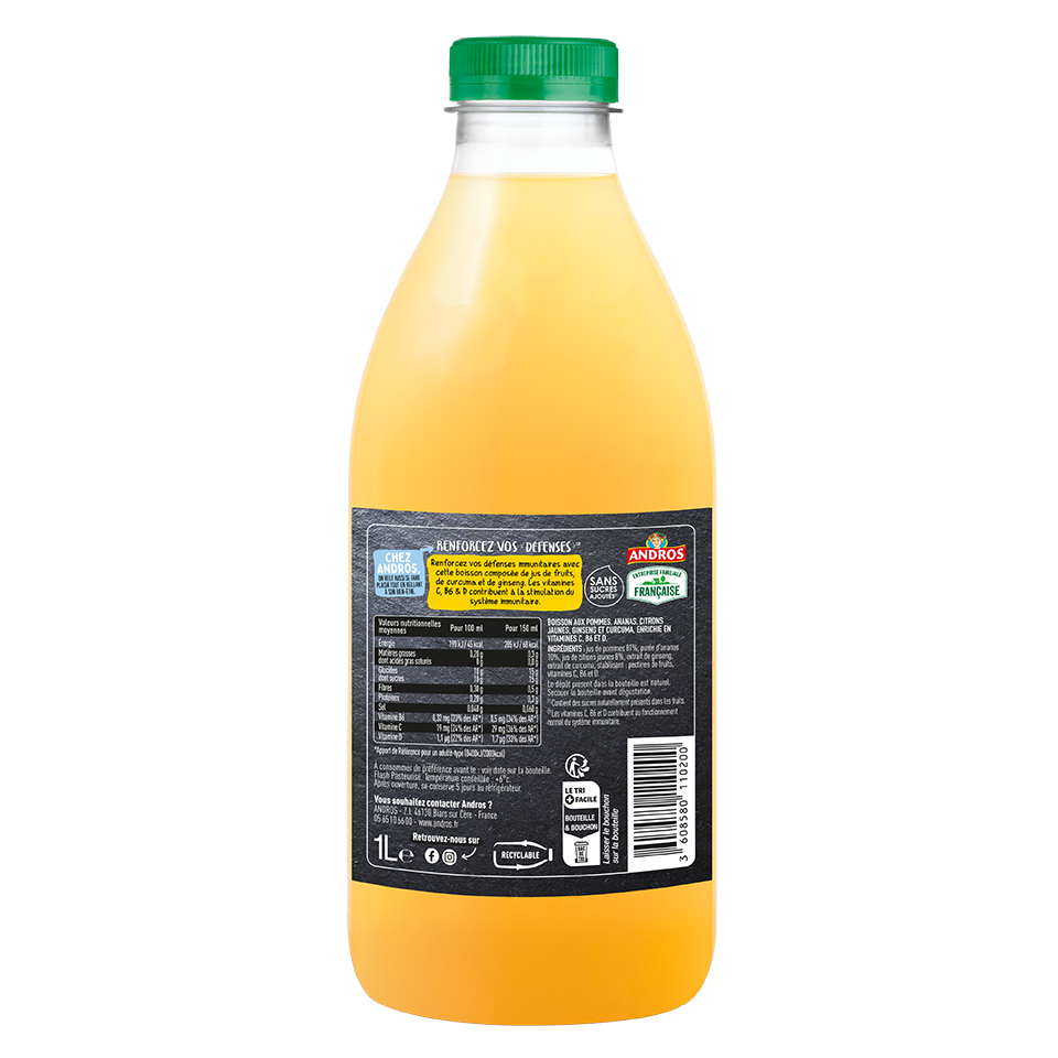 Jus pomme, ananas, citron jaune, ginseng, curcumin