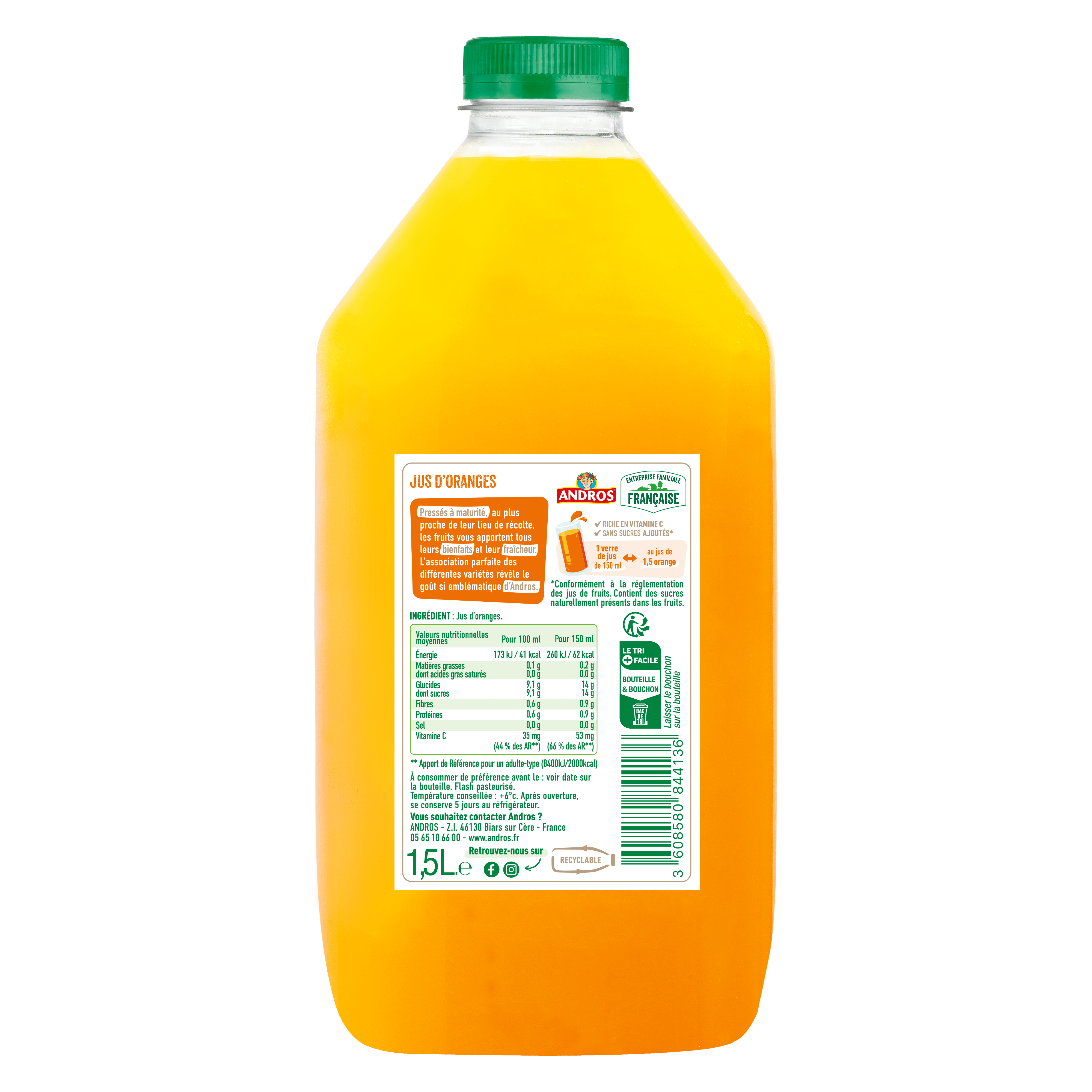 Andros : Pur jus d'oranges pressées 1,5L